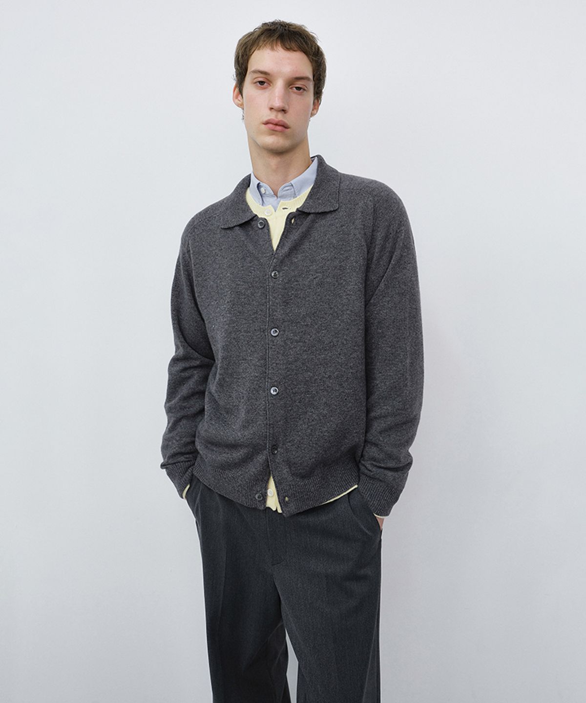 던스트 포 맨(DUNST FOR MEN) UNISEX COLLARED KNIT CARDIGAN_UDSW6C102_MELANGE GREY