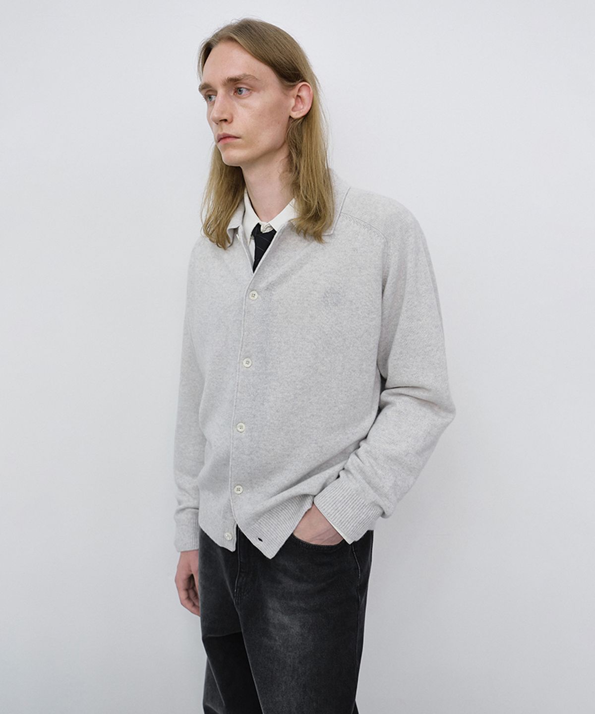 던스트 포 맨(DUNST FOR MEN) UNISEX COLLARED KNIT CARDIGAN_UDSW6C102_LIGHT MELANGE GREY