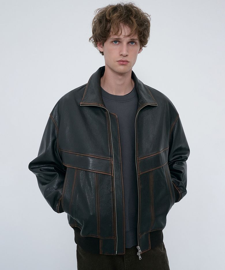UNISEX STAND COLLARED LEATHER BLOUSON_UDJU6C103_BRUSHED BROWN