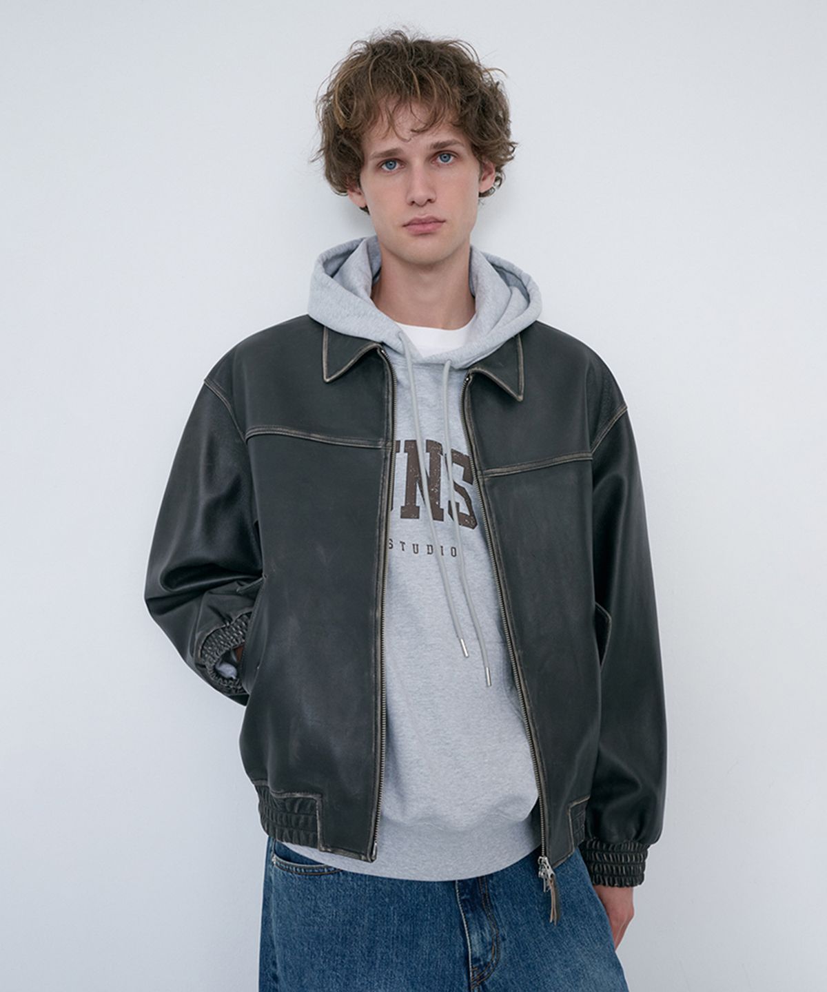 던스트 포 맨(DUNST FOR MEN) UNISEX REFINED LEATHER BLOUSON_UDJU6C101_BRUSHED BLACK