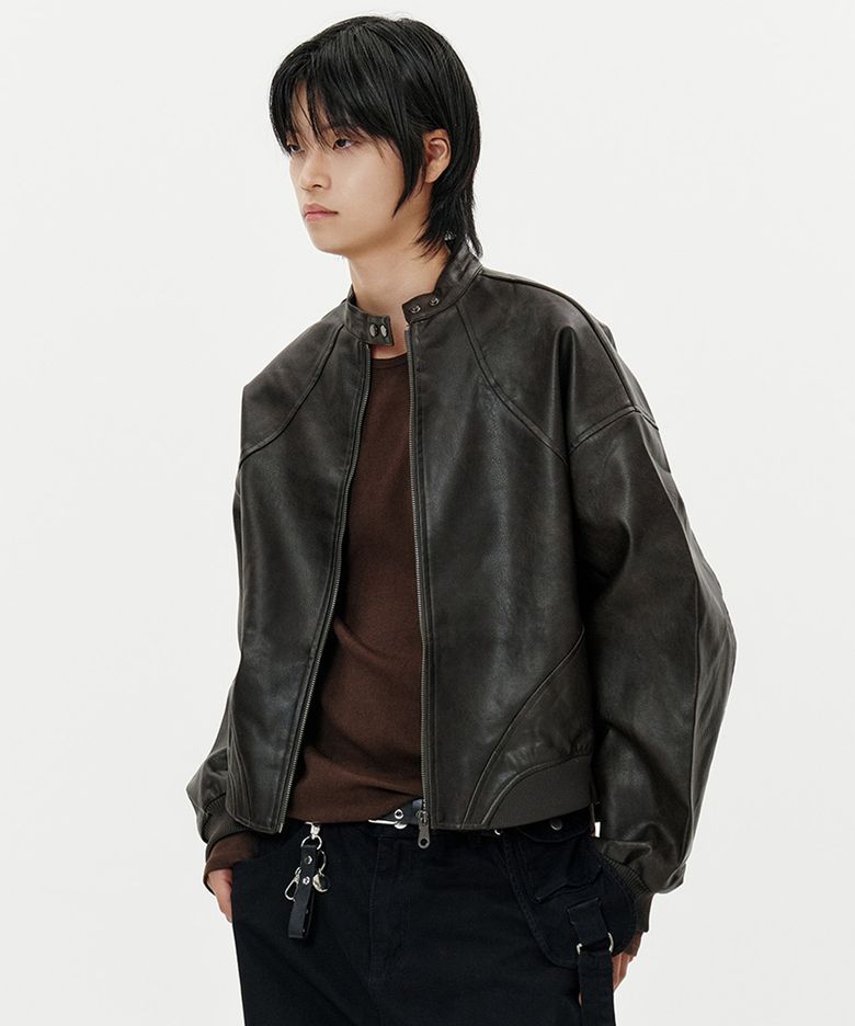 High Neck Snap Leather Jacket - brown