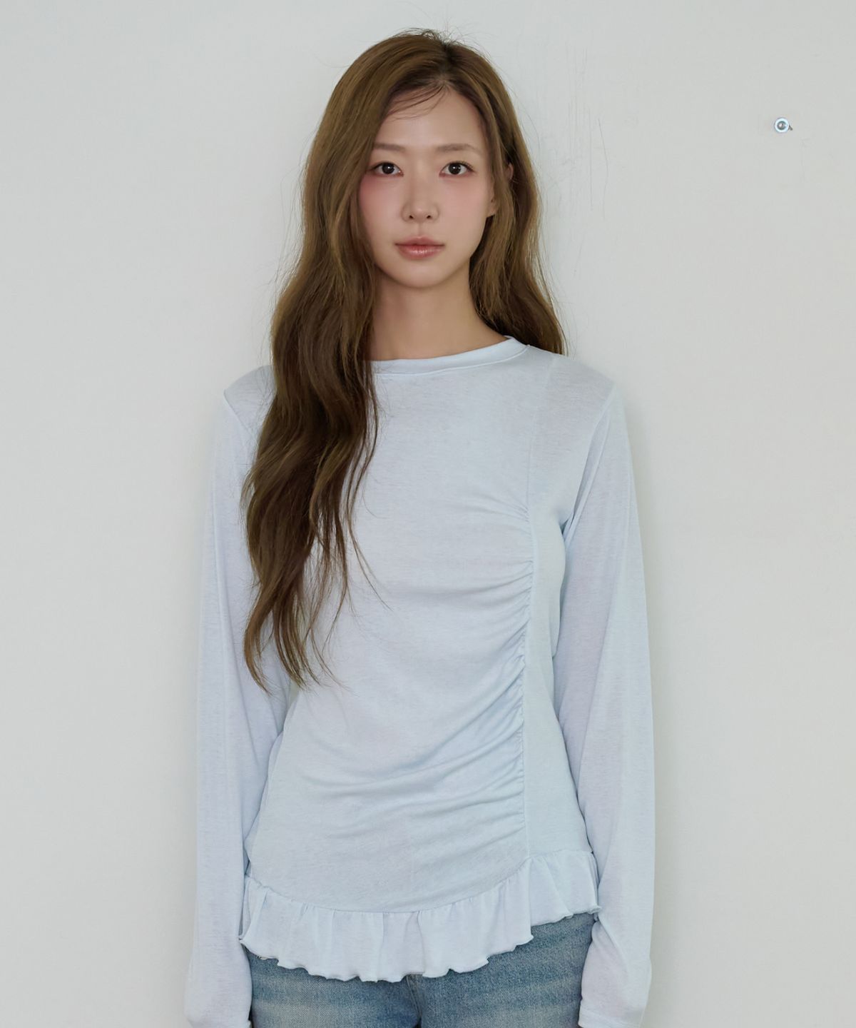핑크파인애플(PINK PINEAPPLE) DAINTY SHIRRING FRILL T-SHIRT_SKY BLUE