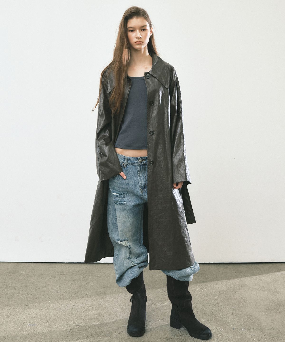 닉앤니콜(NICK&NICOLE) LEATHER BELTED LONG COAT_BROWN