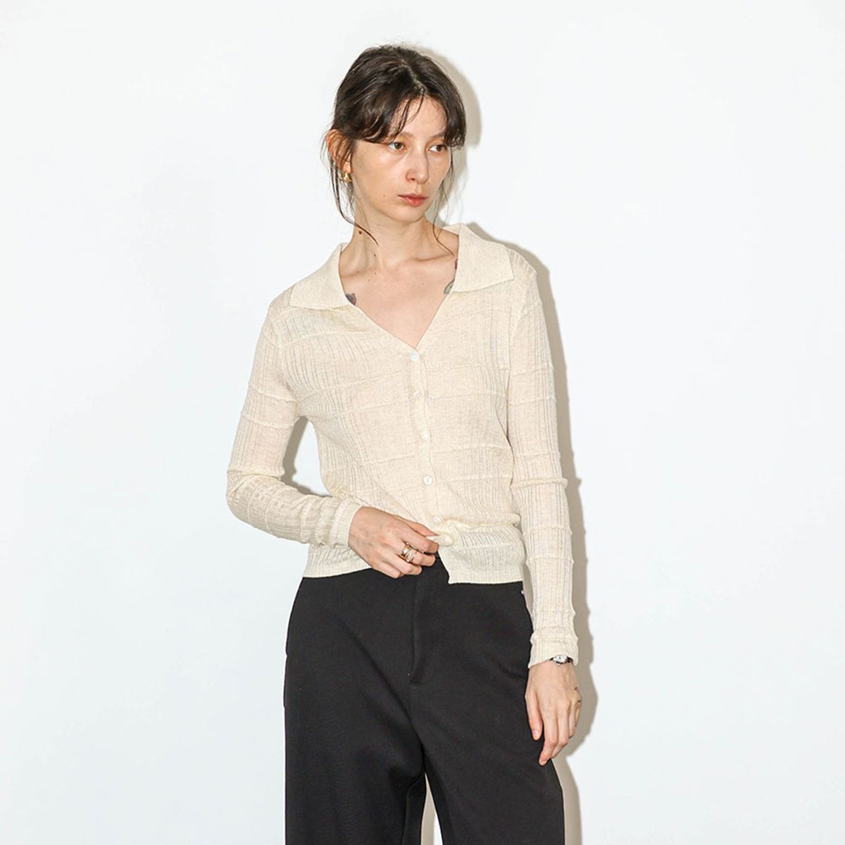 웬스데이딜라잇(WEDNESDAY DELIGHT) WD_Open collar textured cardigan