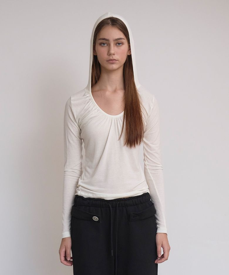Shirred Long-Sleeve Hood Top, Cream
