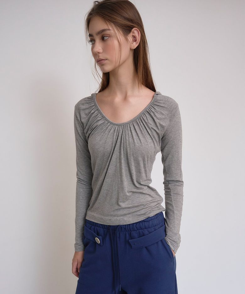 Shirred Long-Sleeve Hood Top, Grey
