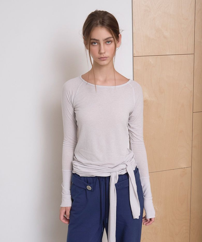 Tie-Waist Long-Sleeve Top, Light Grey
