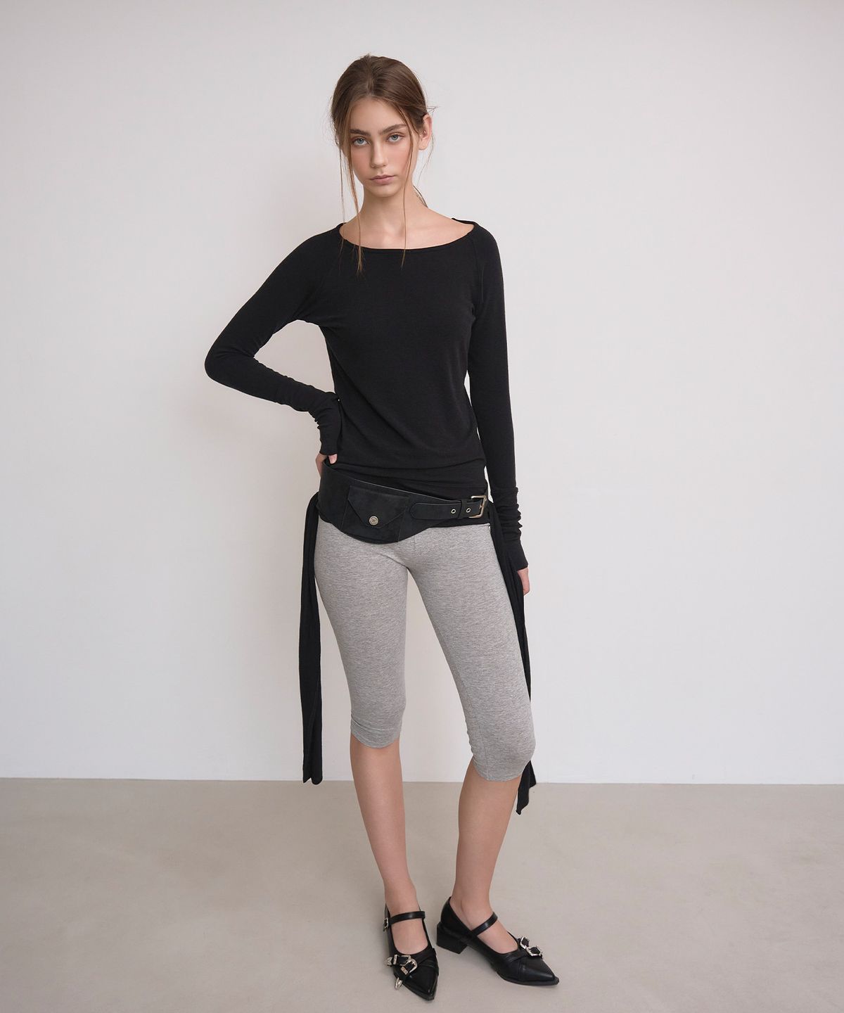 언틸디예스(UNTIL THE YES) Tie-Waist Long-Sleeve Top, Balck