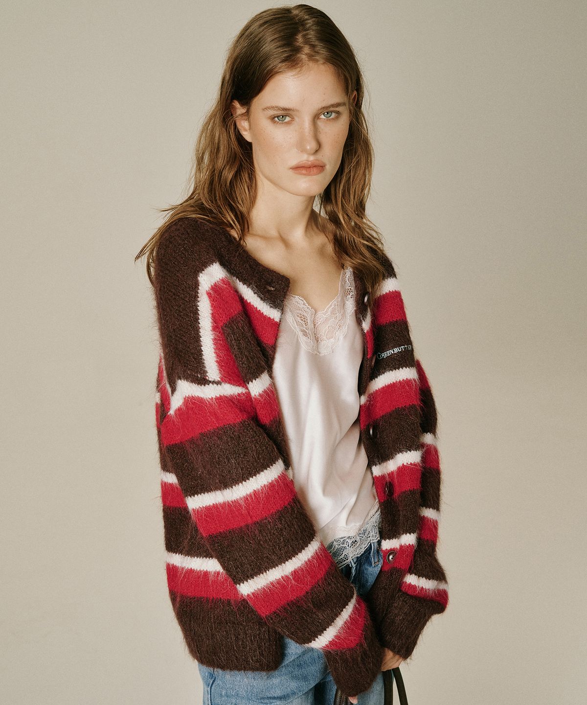그린버터(GREENBUTTER) Hairy Stripe Cardigan (Brown)