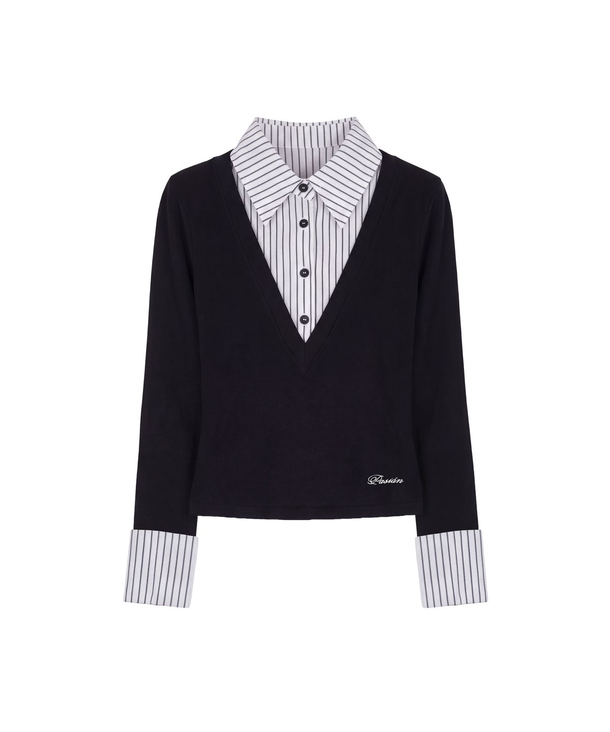 파시온(PASION) 클로딘 카라 레이어드 니트 셔츠_블랙 Claudine Collar Layered Knit Shirt_Black
