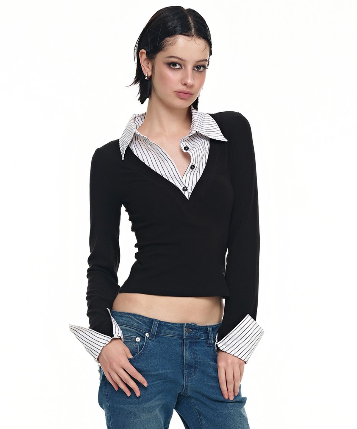 파시온(PASION) 클로딘 카라 레이어드 니트 셔츠_블랙 Claudine Collar Layered Knit Shirt_Black