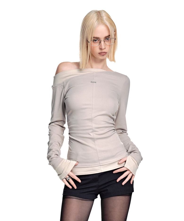 Slim Fit Layered Off-Shoulder Top [LGRAY]_SEWTS039LGRAY