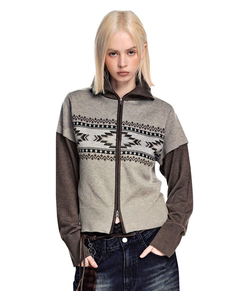 Layered High Neck Nordic Zip-Up Sweater [BROWN]_SEWKT014BROWN