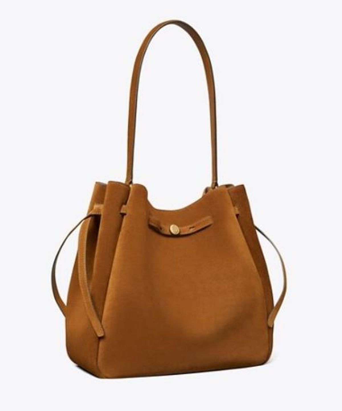 토리버치(TORYBURCH) 로미 스웨이드 라지 버킷 백 - 캐러멜