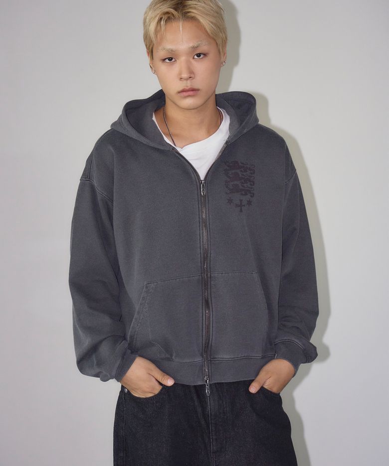 트리오 라이온 피그먼트 후드 집업 블랙 차콜