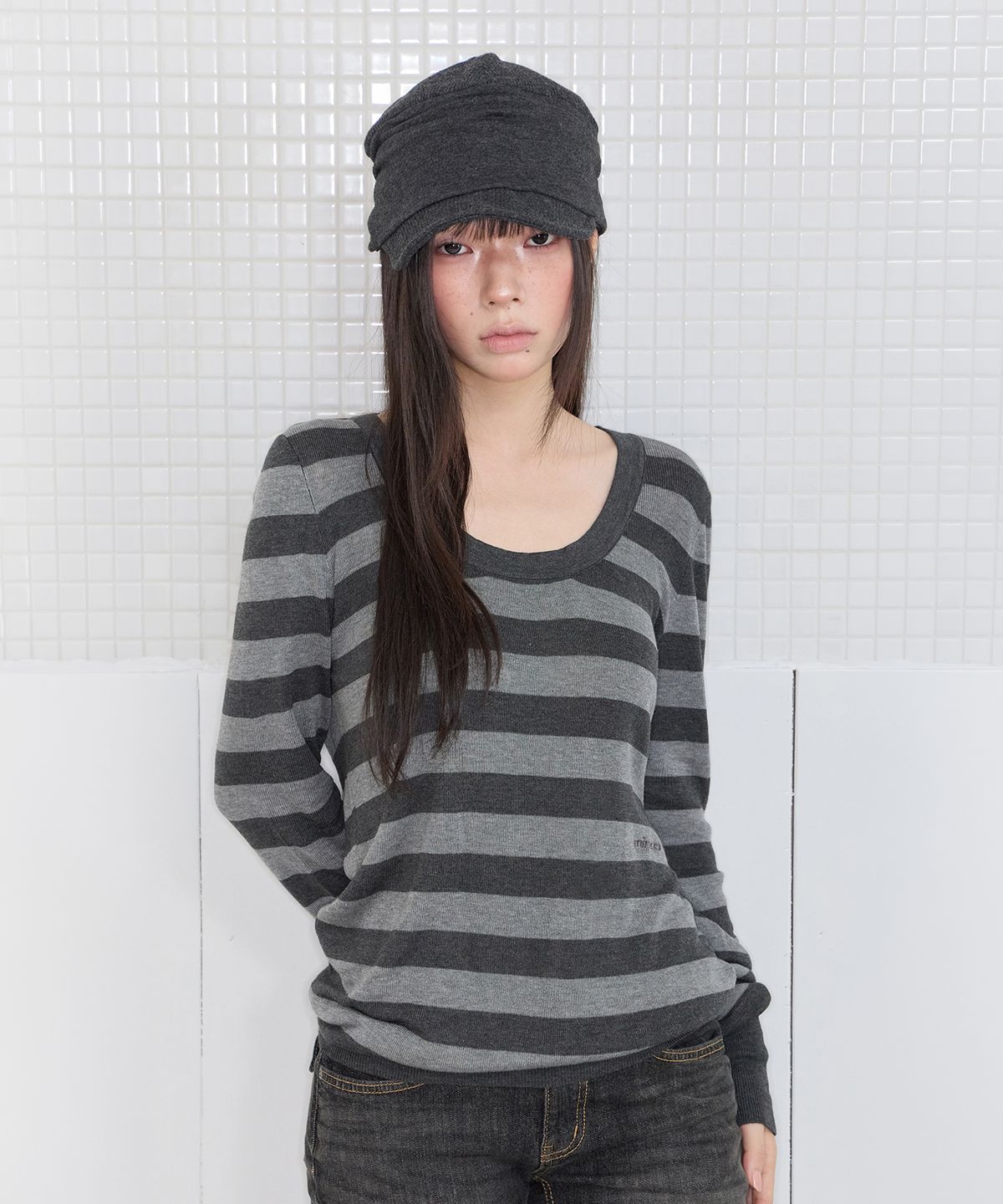 미레코(MIRECO) MELT STRIPE KNIT MELANGE GREY