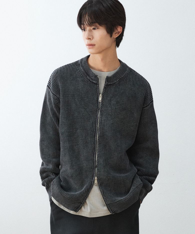 워시드 니트 가디건_CHARCOAL GREY