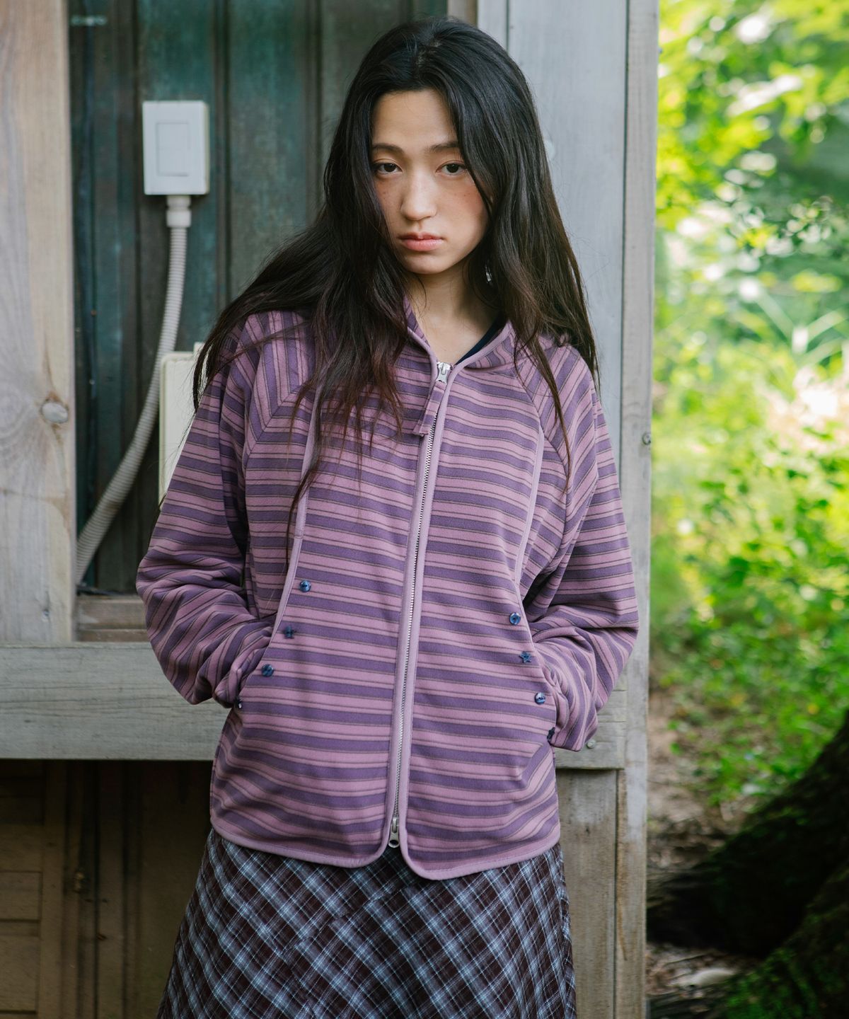 카비시(CAVISH) MULTI STRIPED FLEECE ZIP UP HOODIE PURPLE(CV2GFFM482A)