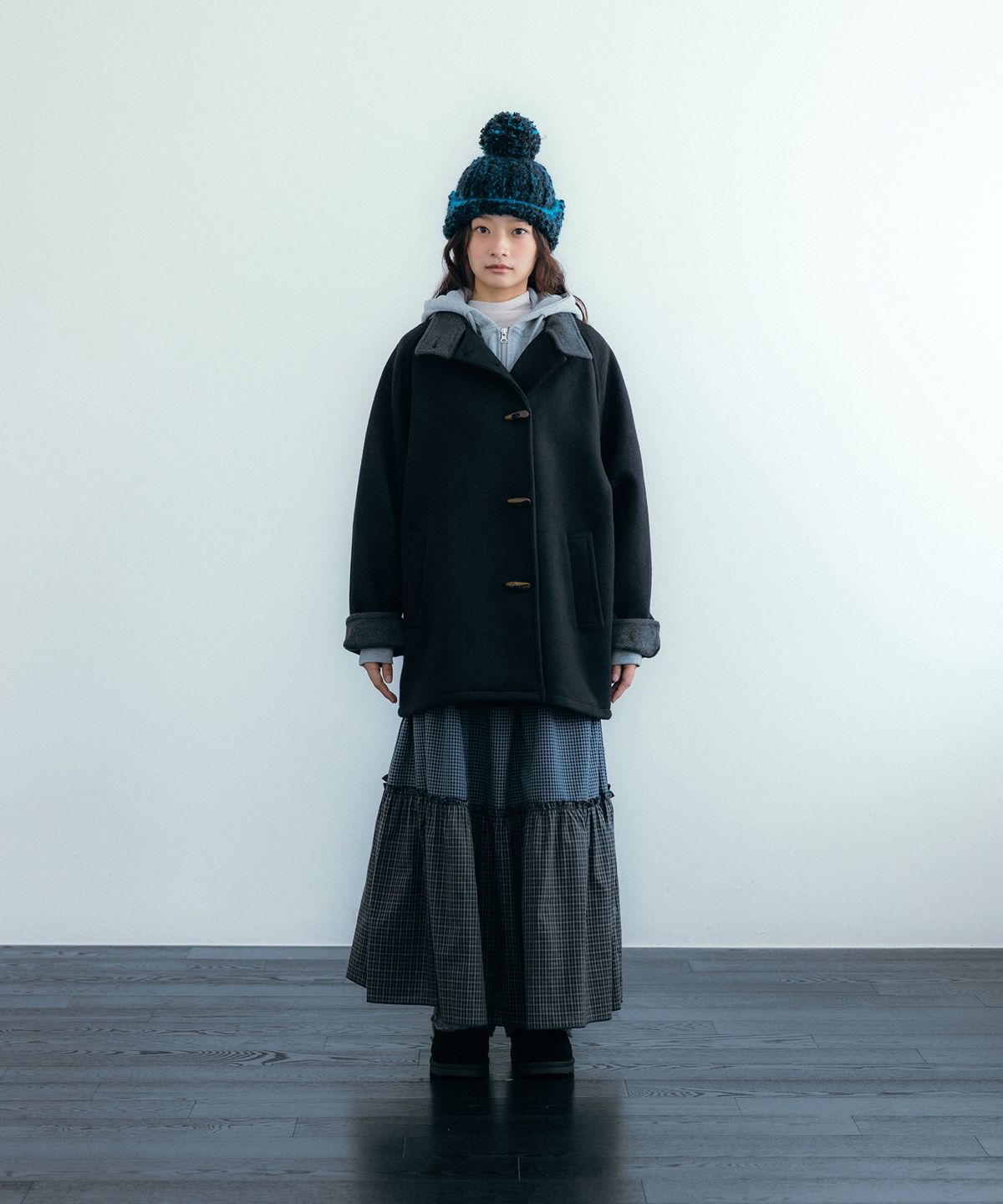 이요우아(IYOWUAH) Wool Blend Duffle Half Coat, Black