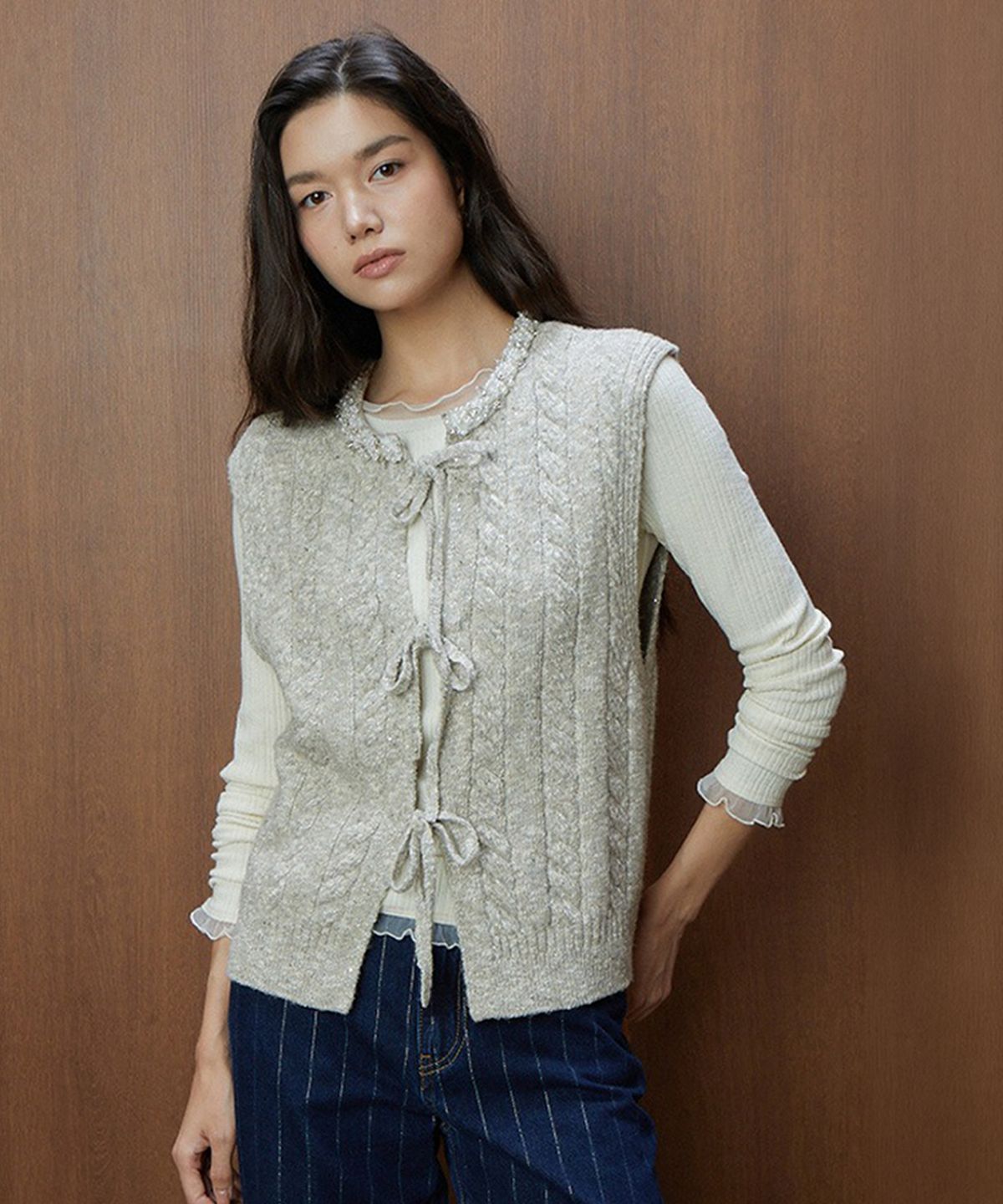 바니스뉴욕(BARNEYS NEWYORK) 26FW 비즈 니트 베스트 세피아
