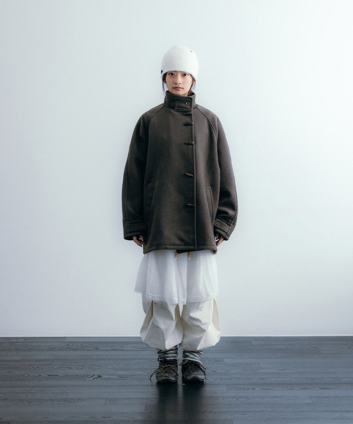 이요우아(IYOWUAH) Wool Blend Duffle Half Coat, Brown