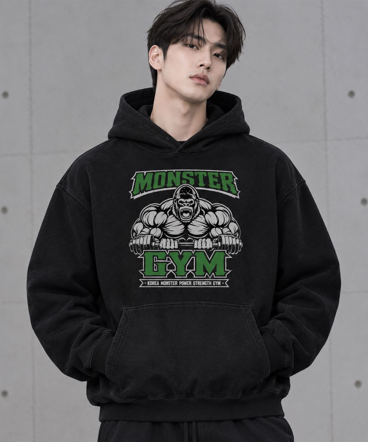 코리아몬스터(KOREAMONSTER) KM23H MONSTER POWER STRENGTH 오버핏 후드티 블랙/카키