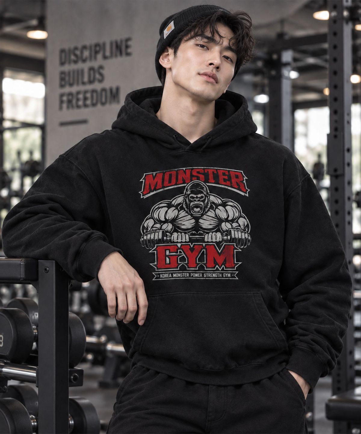코리아몬스터(KOREAMONSTER) KM23H MONSTER POWER STRENGTH 오버핏 후드티 블랙/레드