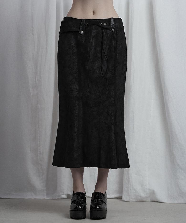 Suede Belt Low Rise Long Skirt (Black)