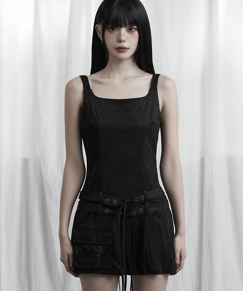Cargo Belt Pocket Pleated Mini One-Piece (Black)