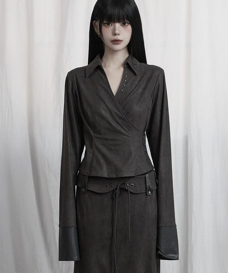 Drape Suede Shirring Blouse (Charcoal)