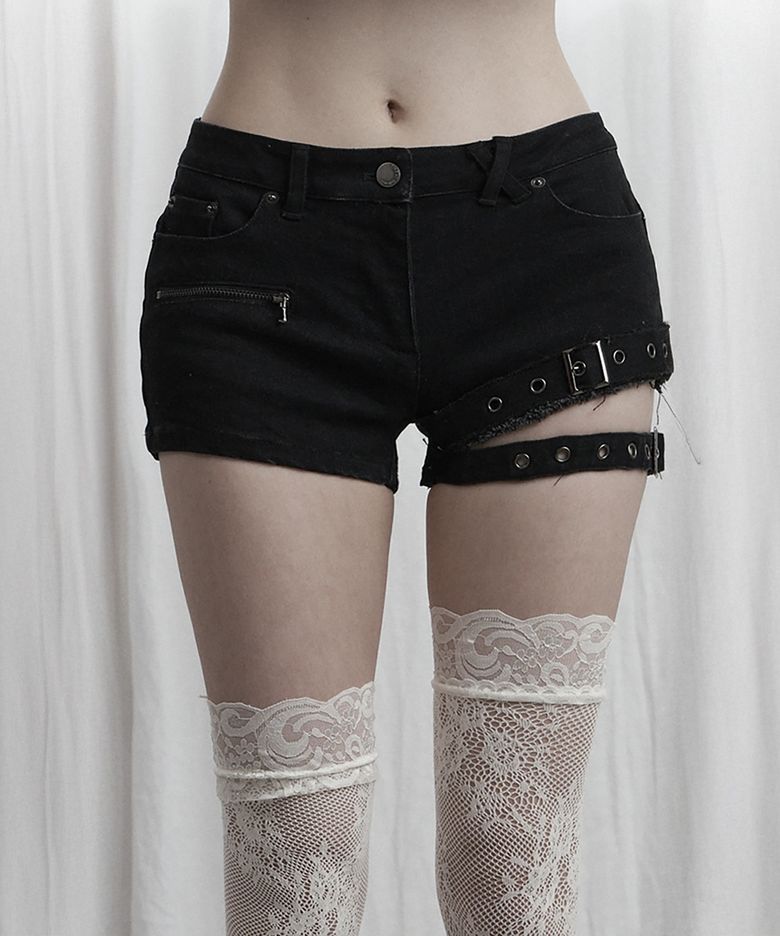 Double Belt Low Rise Denim Shorts (Black)