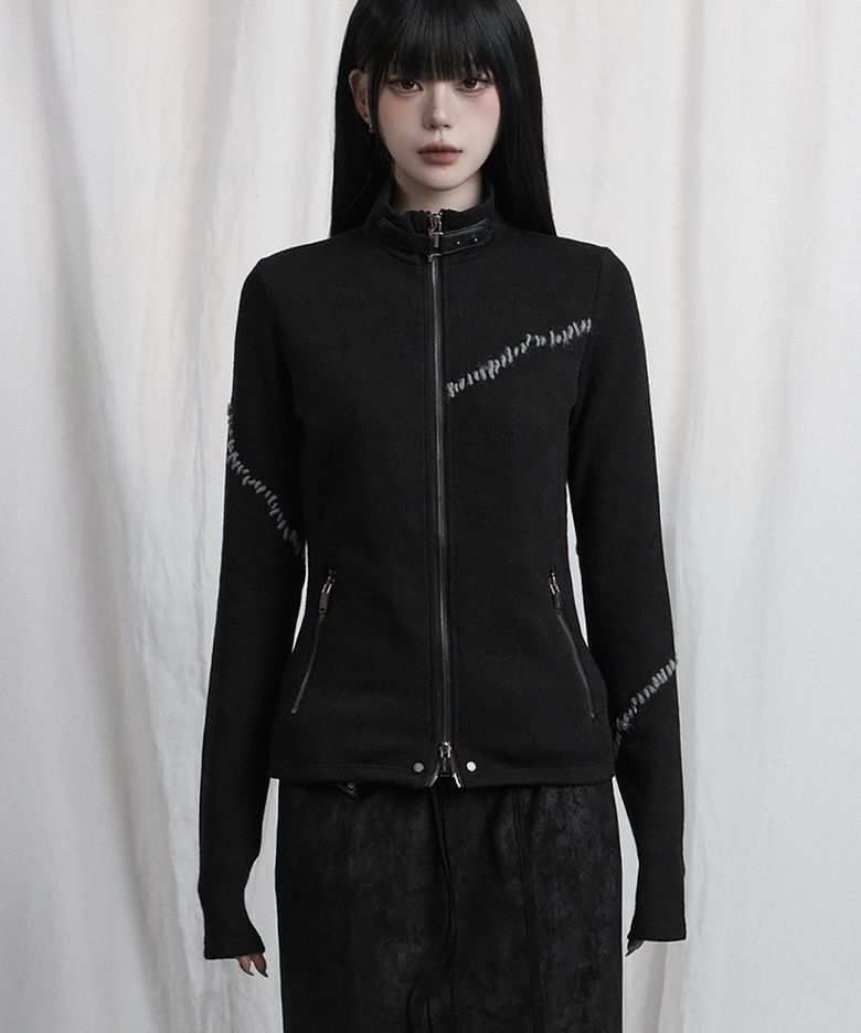 Contrast Stitch Zip-Up Long Sleeve (Black)