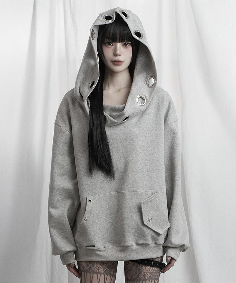 Off Shoulder Hood Layer Sweatshirt (Gray)
