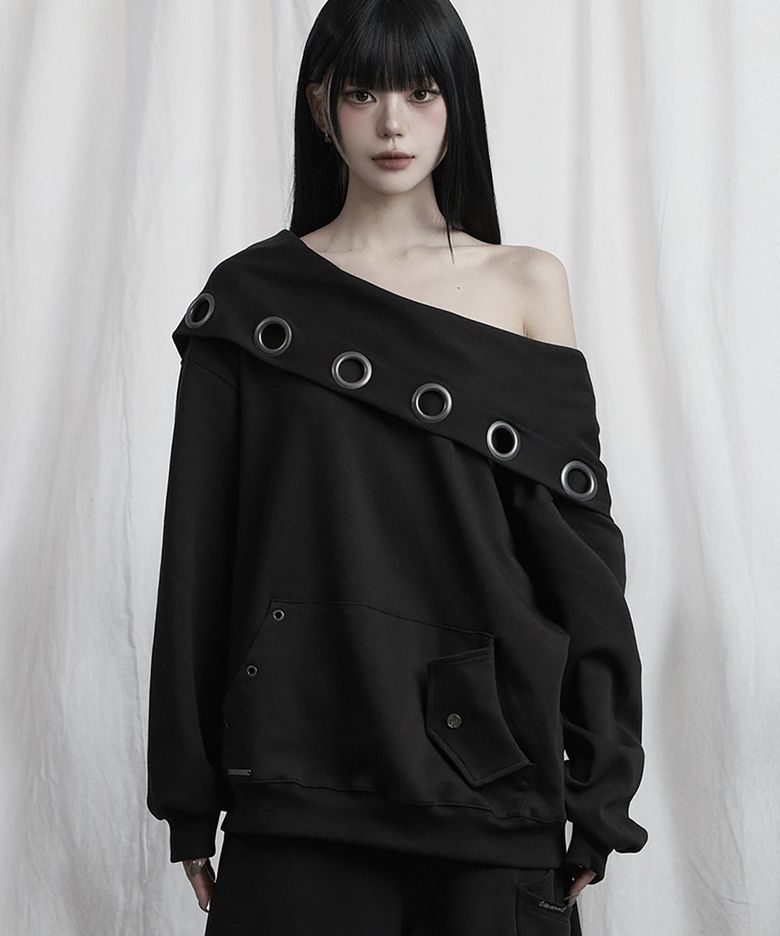 Off Shoulder Hood Layer Sweatshirt (Black)