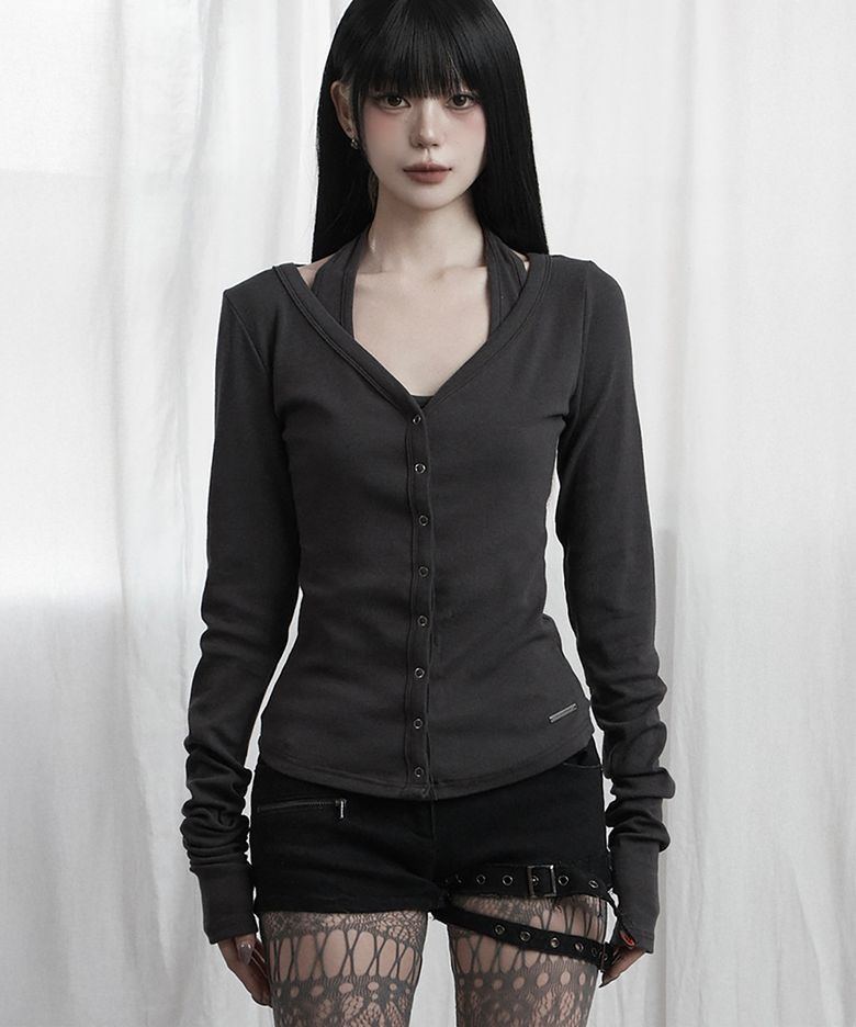 Halter Neck Slim Cardigan (Charcoal)