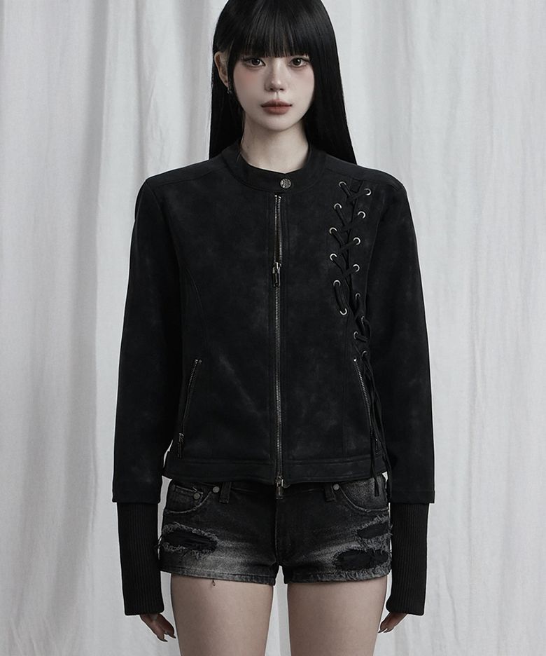 Eyelet Point Cropped Leather Jacket (Black)