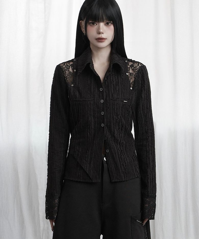 Lace Panel Slim Shirt (black)