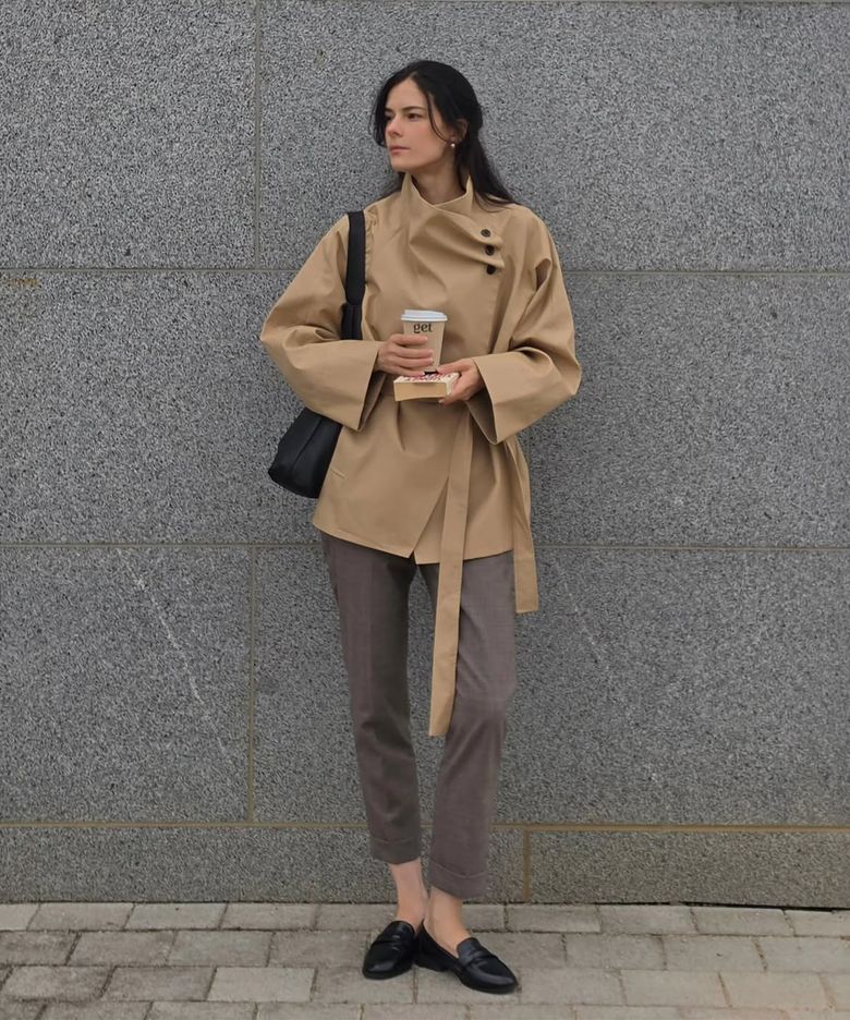 Draped High-Neck Half Trench Coat, BEIGE