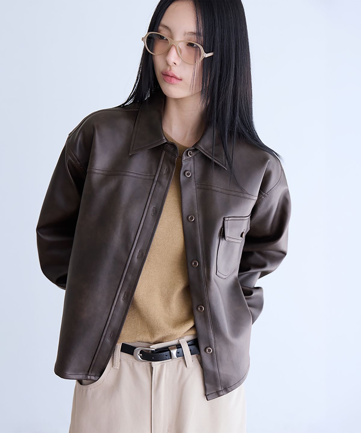 런던다다(LONDONDADA) Faux Leather Shirt Jacket, BROWN