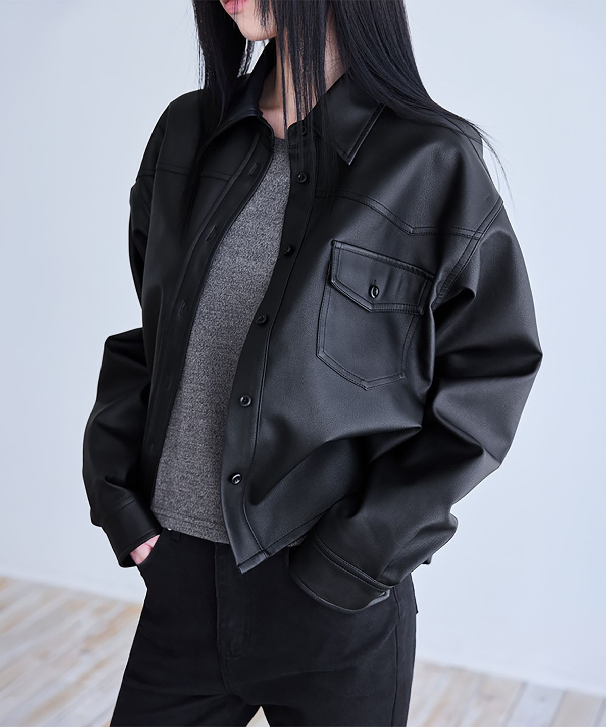 런던다다(LONDONDADA) Faux Leather Shirt Jacket, BLACK