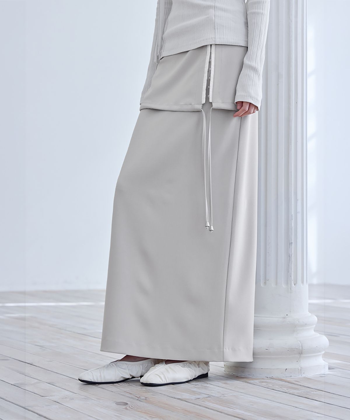 런던다다(LONDONDADA) Hook & Eye Layered Long Skirt, OATMEAL