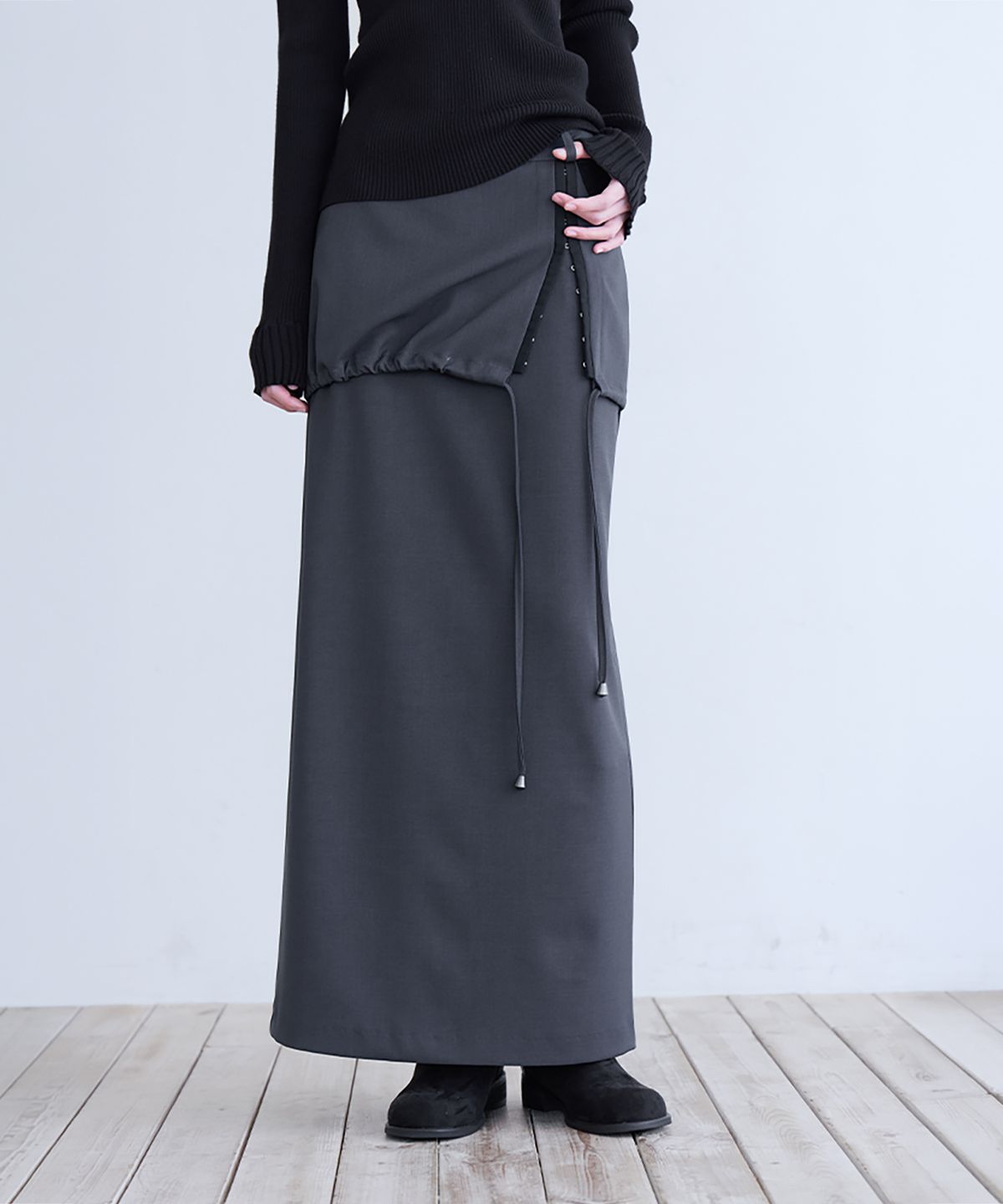 런던다다(LONDONDADA) Hook & Eye Layered Long Skirt, CHARCOAL