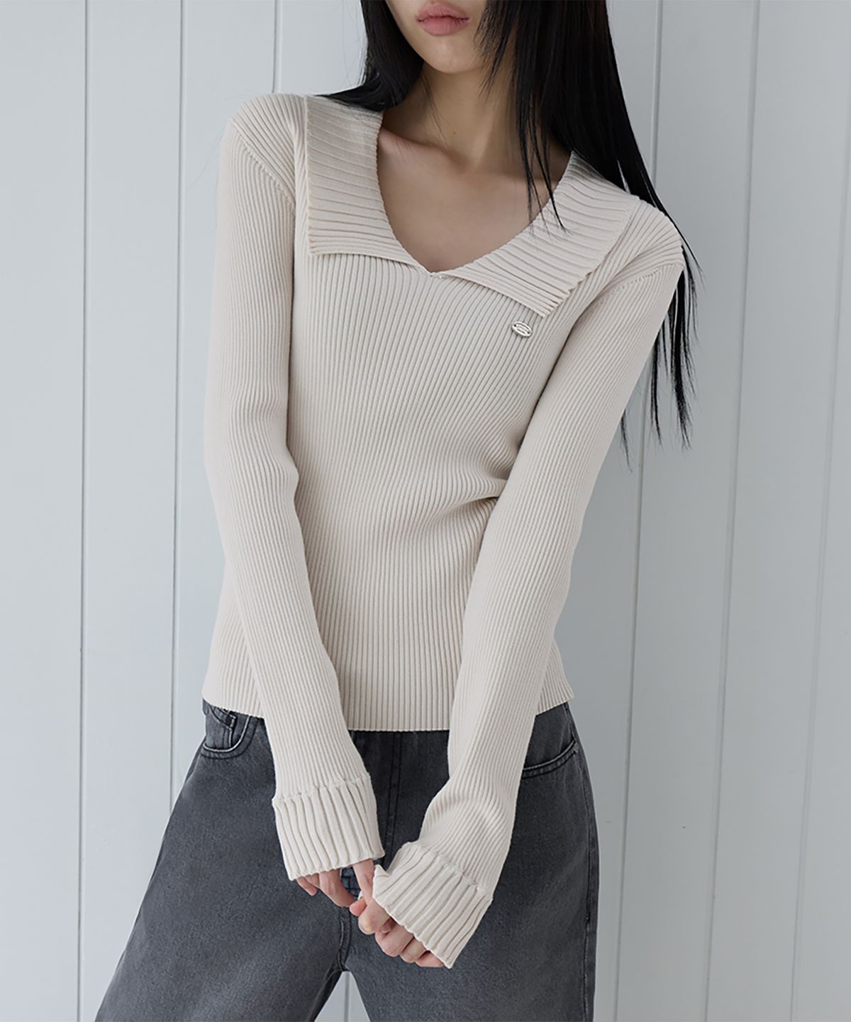 런던다다(LONDONDADA) Open Collar Rib Knit Top, 2colors