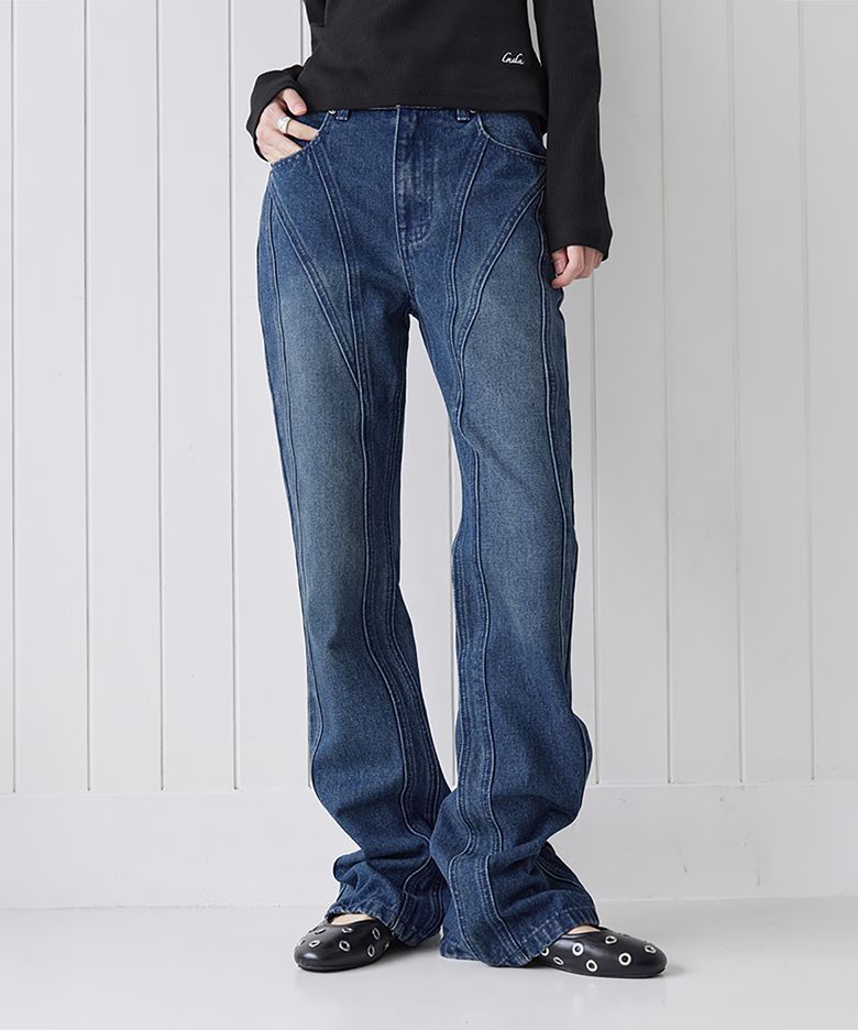 Paneled Slim Flare Jeans,  BLUE