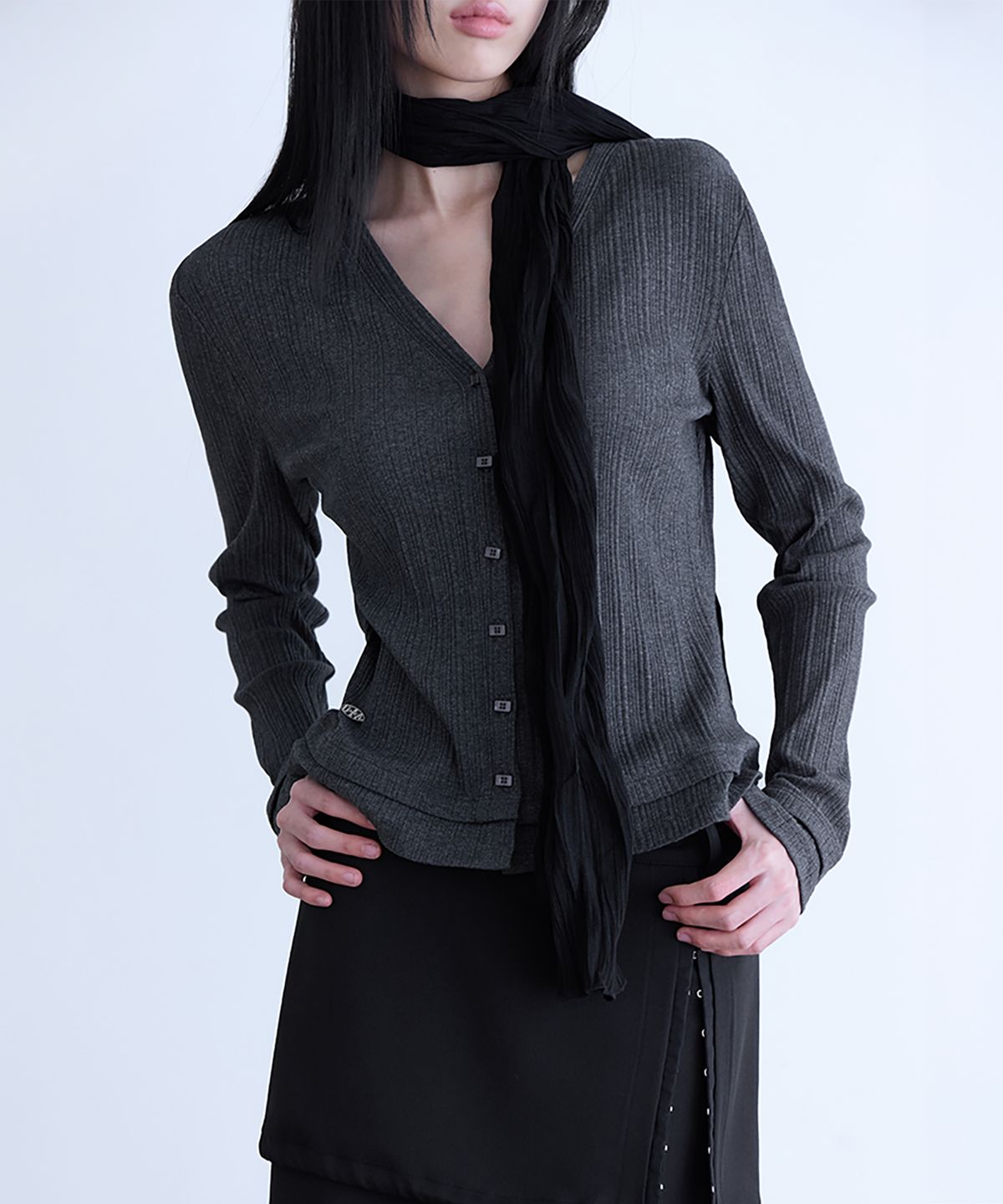 런던다다(LONDONDADA) Pleated Layered Slim Cardigan, D.CHARCOAL