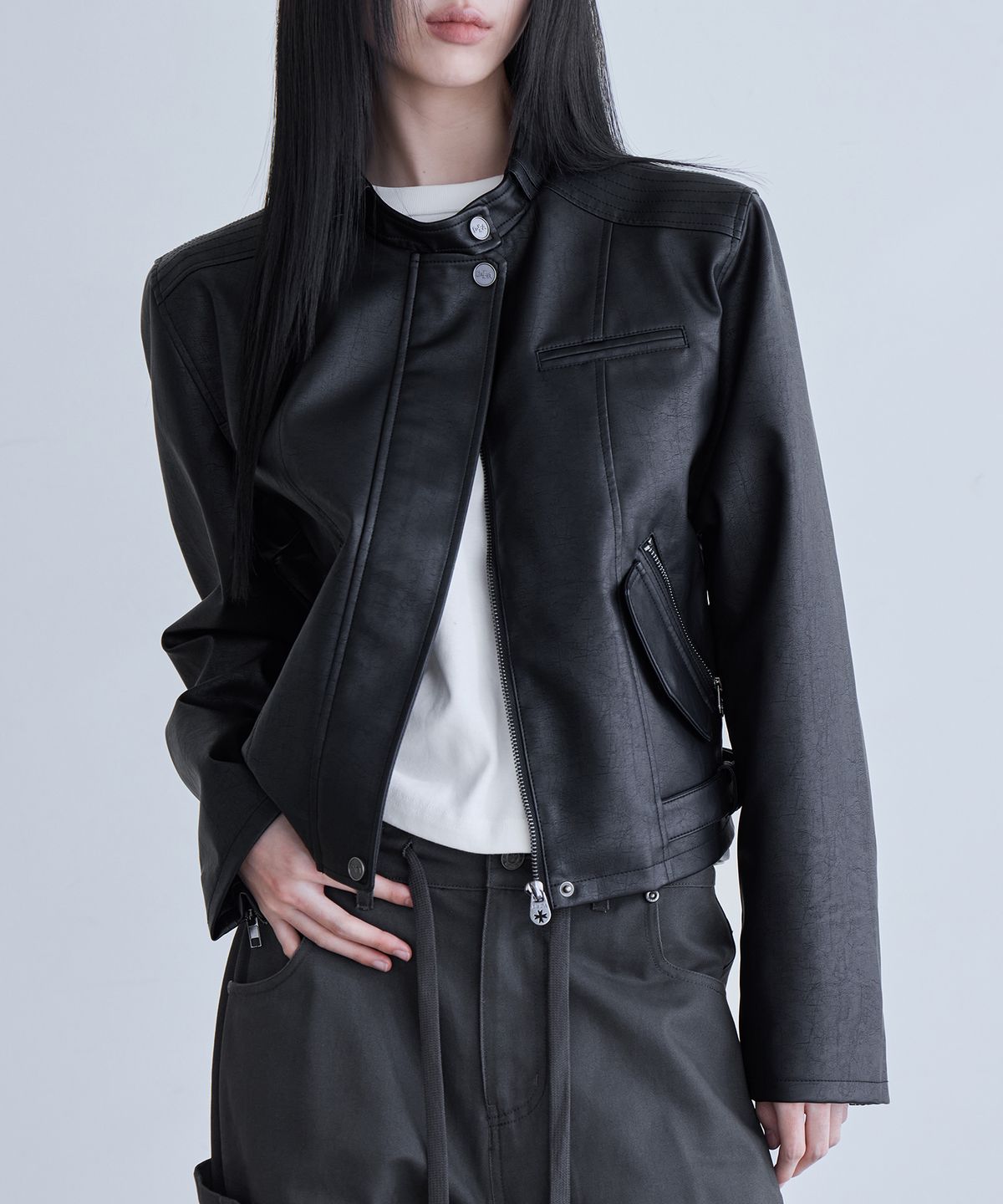 런던다다(LONDONDADA) Regular-Fit Faux Leather Single Rider Jacket, BLACK