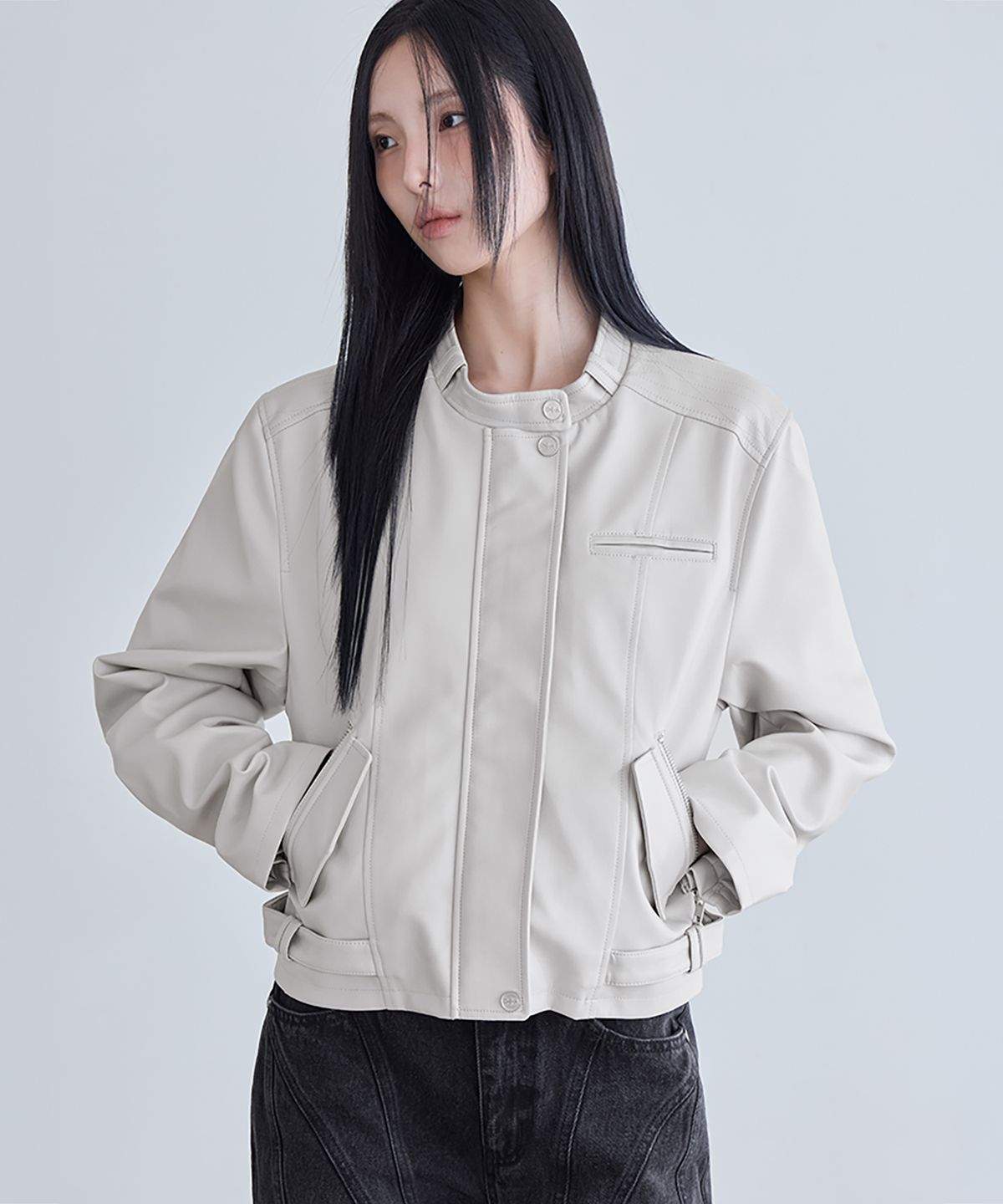 런던다다(LONDONDADA) Regular-Fit Faux Leather Single Rider Jacket, GREIGE