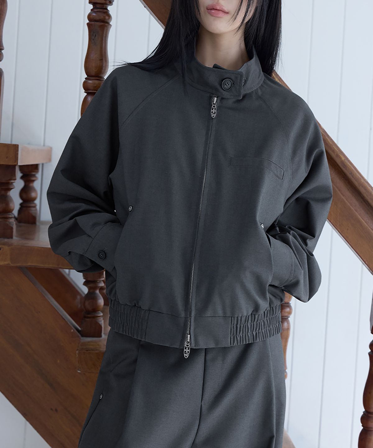 런던다다(LONDONDADA) [SET-UP] Urban Half-Neck Harrington Jumper, CHARCOAL