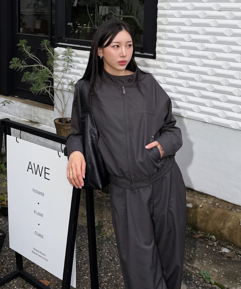 [SET-UP] Urban Half-Neck Harrington Jumper, CHARCOAL