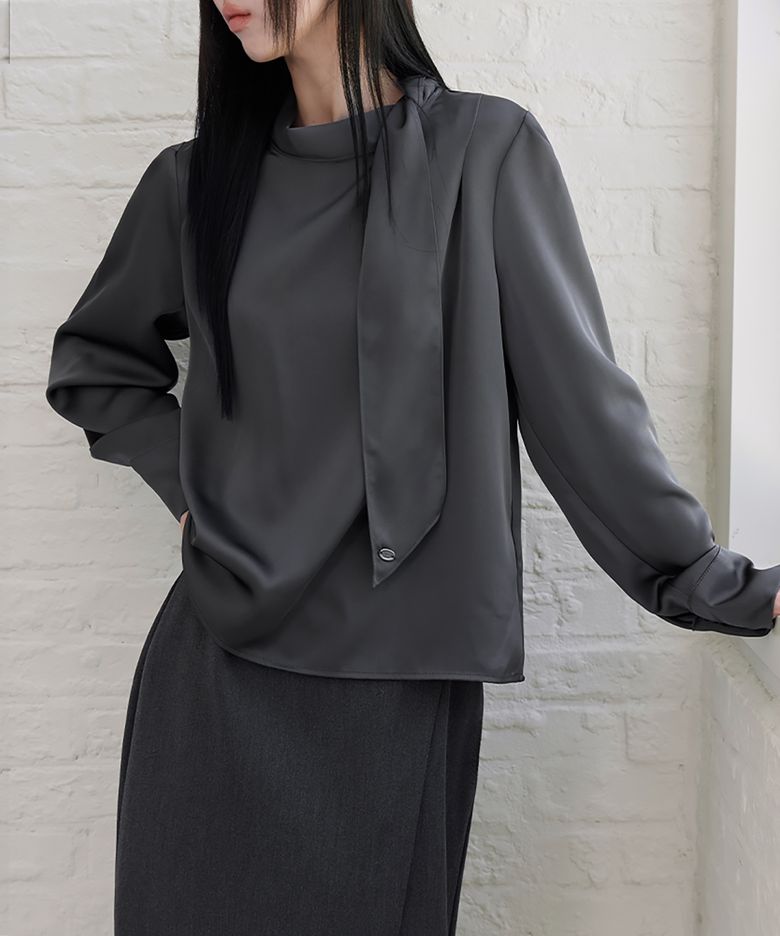 Satin Tie Blouse, CHARCOAL
